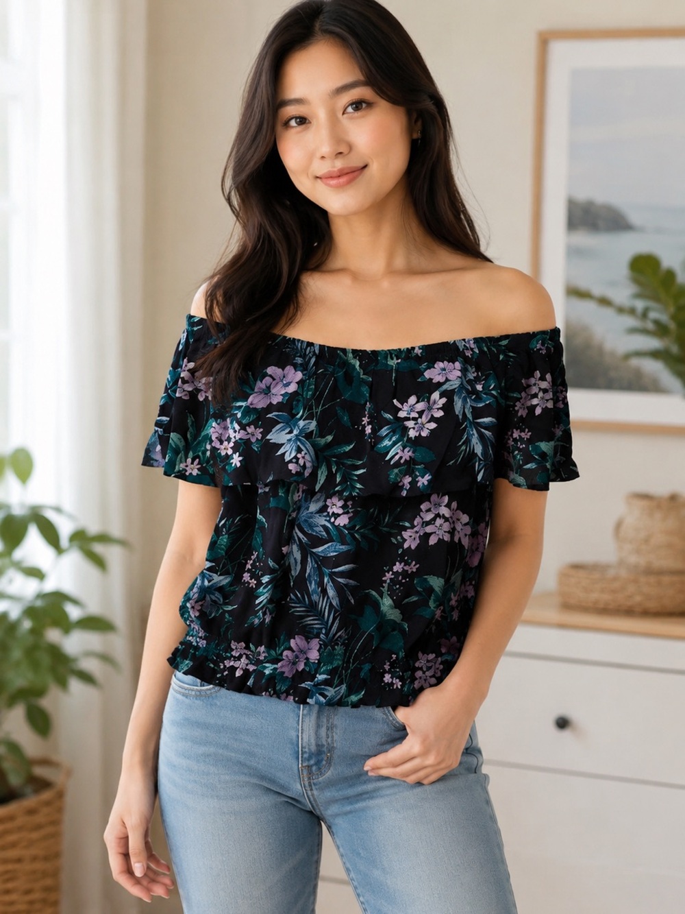 American Eagle Women's Floral Crop Top Off-the-Shoulder Ruffle Trim Size M
